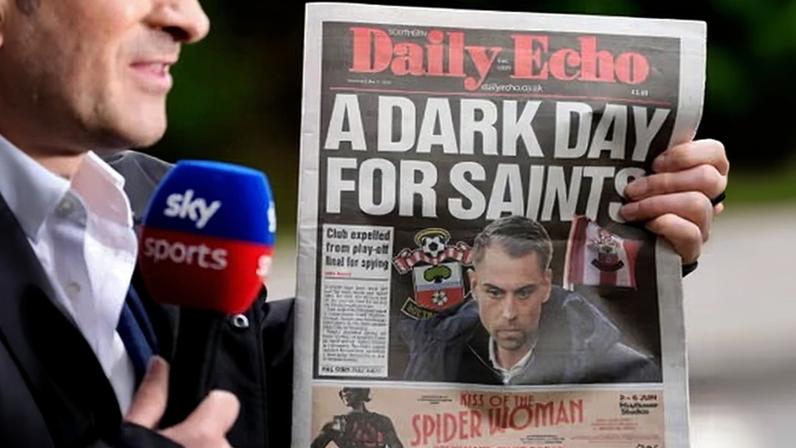 A Sky Sports News presenter holds up the front page of Wednesday’s Southern Daily Echo, which leads on Southampton’s punishment for spying.