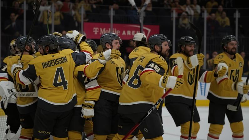 The Vegas Golden Knights celebrate after defeating the Colorado Avalanche.