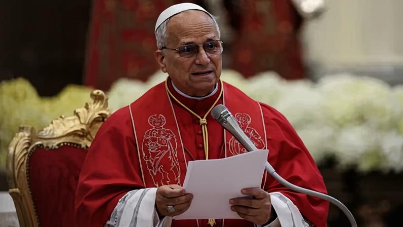 Pope Leo XIV speaks during a meeting with bishops, members of the clergy and families whose members have been victims of environmental pollution at the Cathedral of Santa Maria Assunta, in Acerra, Italy, on 23 May 2026.