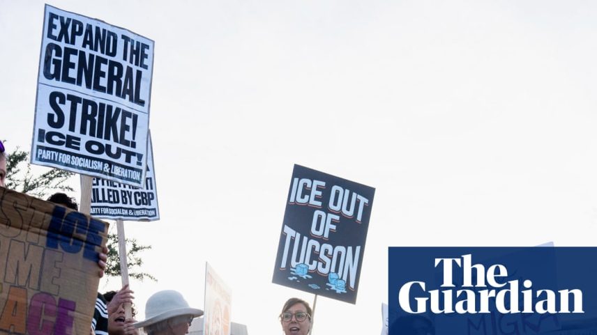 Demonstrators hold signs and chant during a protest in Tucson, Arizona, on 27 January 2026.