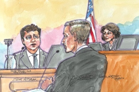 Sam Altman is questioned by OpenAI's attorney, Bill Savitt, before Yvonne Gonzalez Rogers, a US district judge, at a federal courthouse in Oakland, California, on 12 May 2026 in a courtroom sketch.