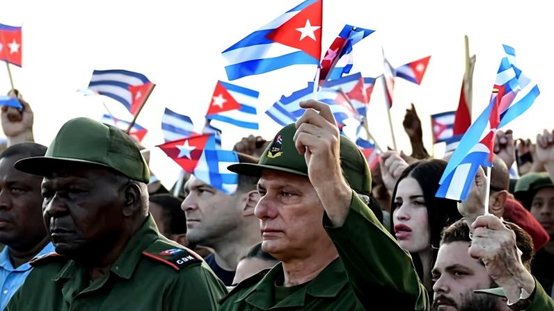 Cuba’s president, Miguel Díaz-Canel, at a protest against the US indictment of former president Raúl Castro in Havana last week.