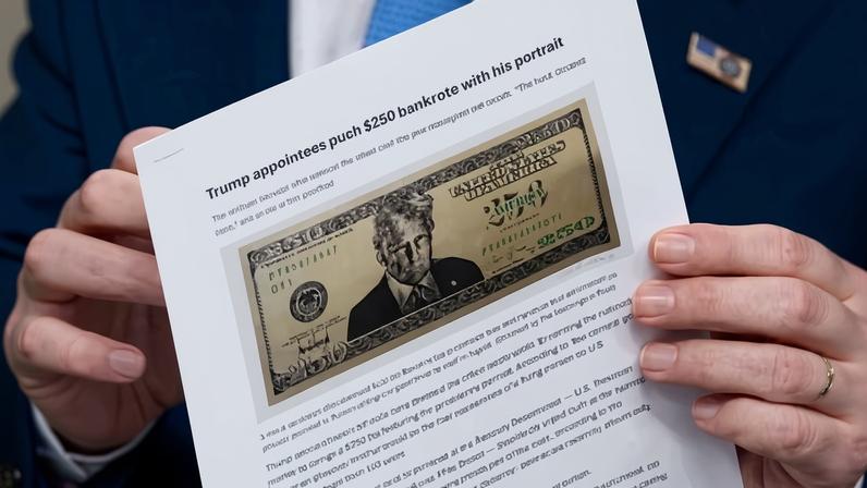 US secretary of treasury Scott Bessent shows a proposed $250 bill featuring Donald Trump.