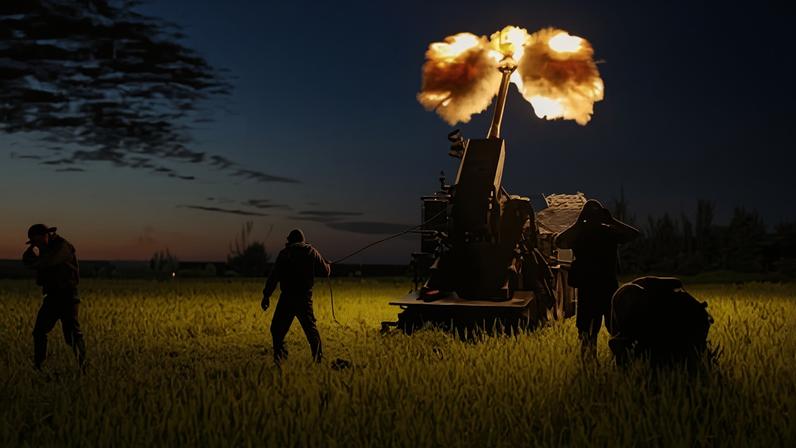 Ukrainian military personnel fire a self-propelled howitzer towards Russian positions in Donetsk.