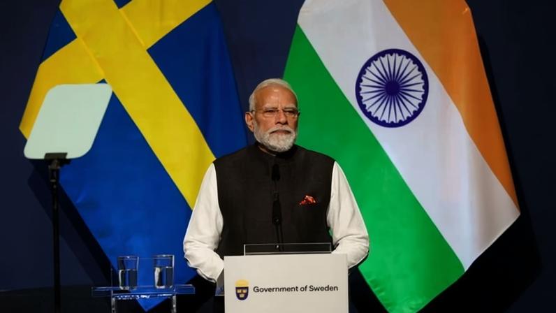 Narendra Modi at a press conference in Gothenburg, Sweden, on 17 May.
