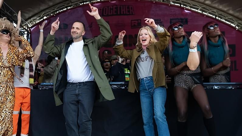 Zack Polanski, Green party leader, and Gorton and Denton Green MP Hannah Spencer at a House Against Hate protest rave in London, 28 March 2026.
