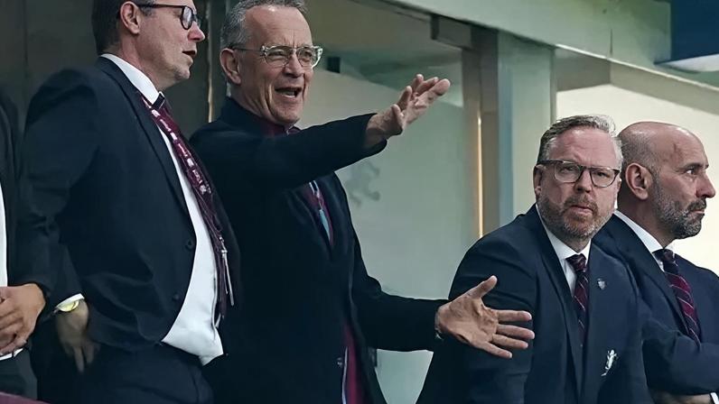 Tom Hanks, pictured watching the club in 2024, said he was "thinking one thing and one thing only, go Villa"