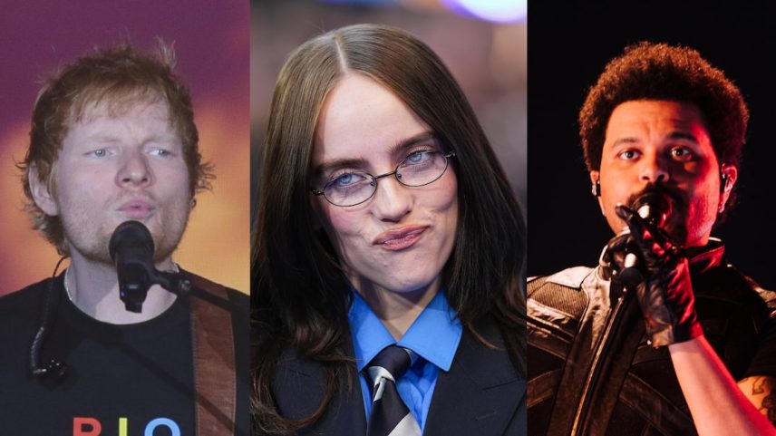Veja ranking das melhores músicas entre as mais ouvidas do Spotify. Na foto, Ed Sheeran, Billie Eilish e The Weeknd.