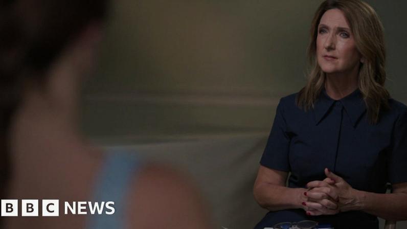 Victoria Derbyshire interviewing a teenage girl, seen from over her shoulder and out of focus