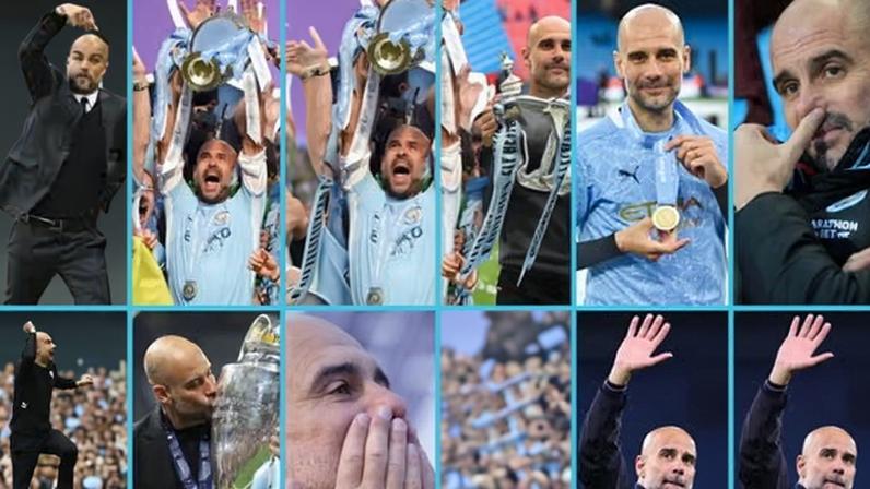 Pep Guardiola at Manchester City through the years. Top row: 2016-2020. Bottom row: 2021-2026.