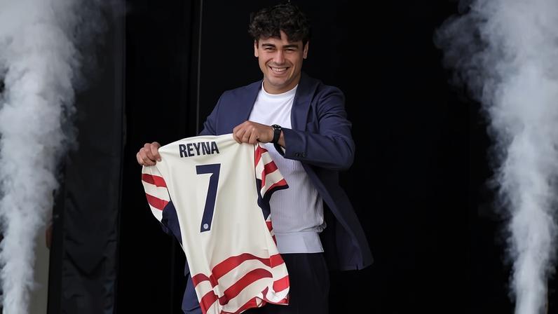 Gio Reyna displays his jersey at the US men's national team roster reveal event in New York.