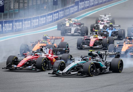 Mercedes driver Kimi Antonelli vies with the Ferrari of Charles Leclerc in the opening stages of the Miami Grand Prix.