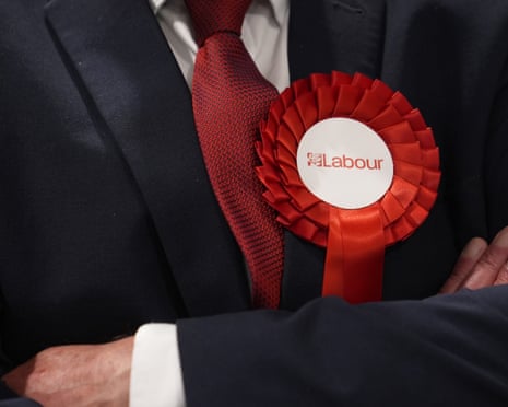 A rosette worn by a Labour party candidate during the 2026 Essex county council election.