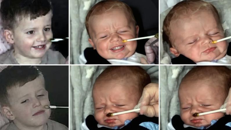 A toddler exposed in the womb to kale and an infant to carrot. Both react happily (top) to the smell of the vegetable given pre-birth but (below) with disgust to the vegetable they had not been exposed to.