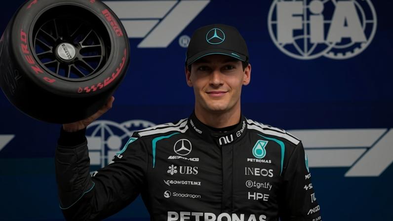 George Russell with his pole position trophy after a ‘lap from nowhere’. Photograph: Mathieu Belanger/Reuters