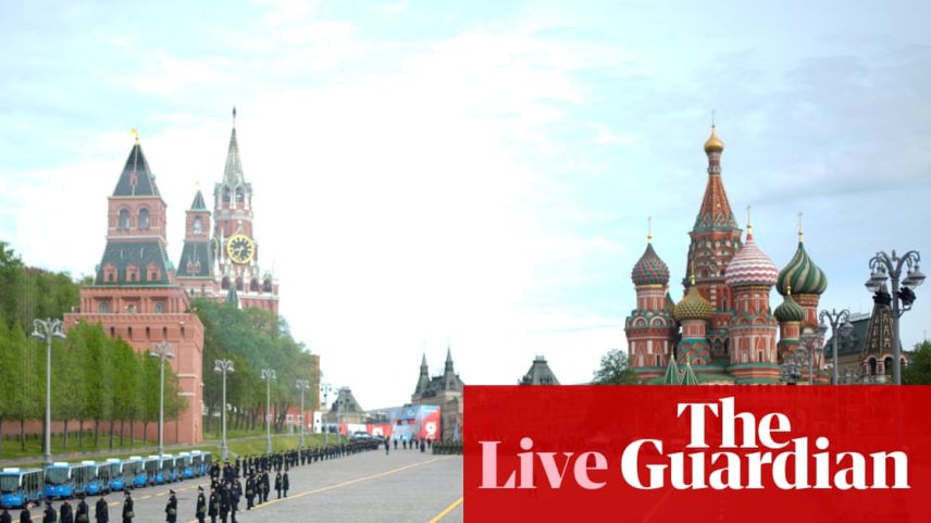 Police officers guard at Vasilevsky Spusk square before the Victory Day military parade