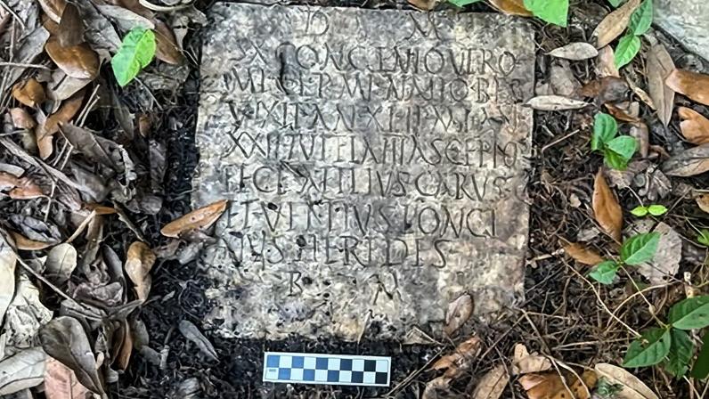 The ancient Roman grave marker found by a New Orleans couple in the yard of their home.