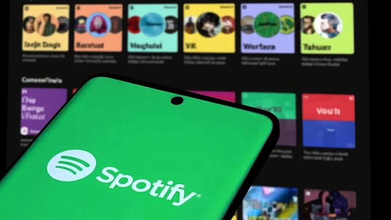 Spotify logo is displayed on smartphone