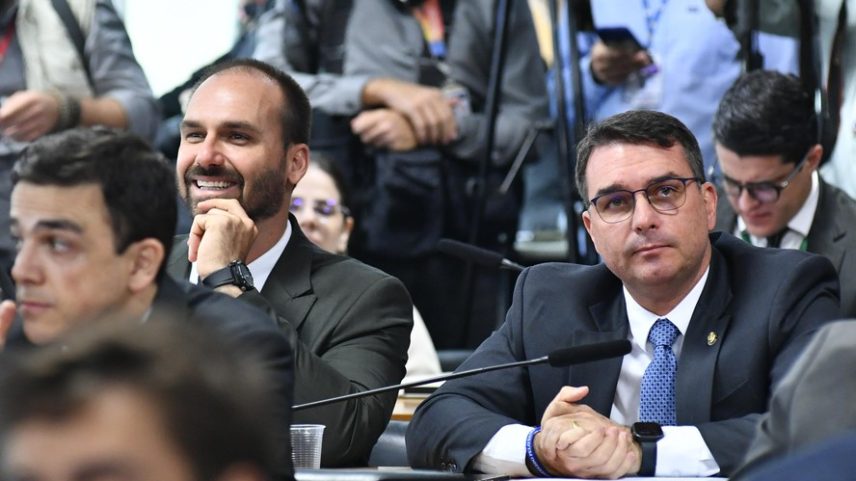 Então deputado Eduardo Bolsonaro e o senador Flávio Bolsonaro — Foto: Geraldo Magela/Agência Senado