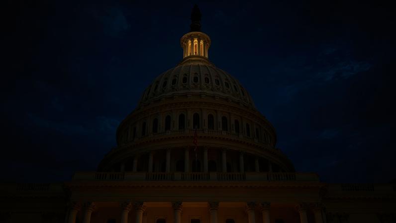 The US Capitol building in Washington at sunset.