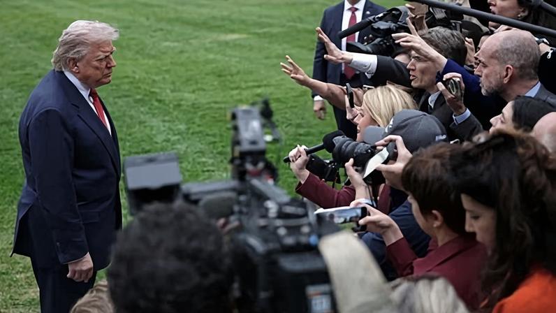 Donald Trump speaks to members of the media on the south lawn of the White House on 8 May 2026.