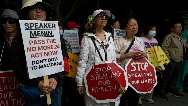 Home care workers rally at New York’s city hall on 15 May 2026.