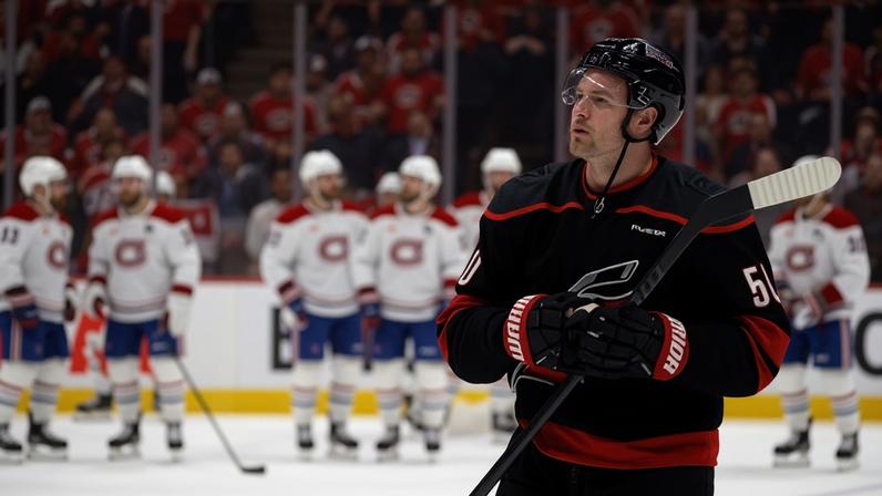 The Hurricanes' Eric Robinson celebrates following Game 5 of the Eastern Conference final, where Carolina eliminated the Montreal Canadiens to reach the Stanley Cup final.