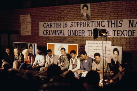 James Hughes, fourth from right (in glasses), was one of the American hostages presented to the press at the occupied US embassy shortly before their release, Tehran, Iran, on 19 November 1979.