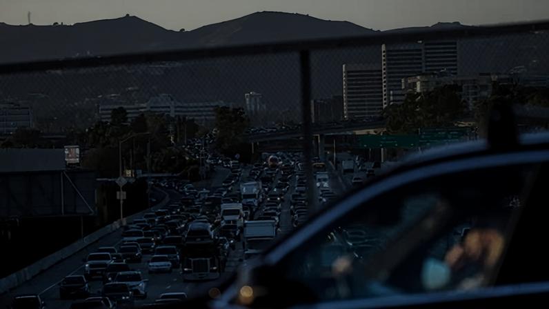 Heavy traffic fills multiple lanes of a freeway in Los Angeles, California, in February.