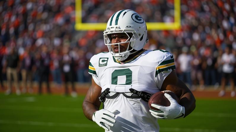 Green Bay Packers running back Josh Jacobs warms up before a December game against the Denver Broncos.