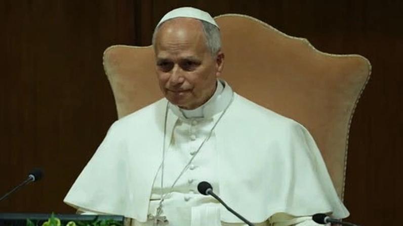 Pope Leo XIV at the presentation of his first encyclical at the Vatican on Monday.