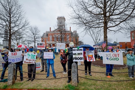 Grassroots demonstrators rally against the proposed Social Circle ICE detention center, outside the Walton county courthouse in Monroe, Georgia, on 8 March.