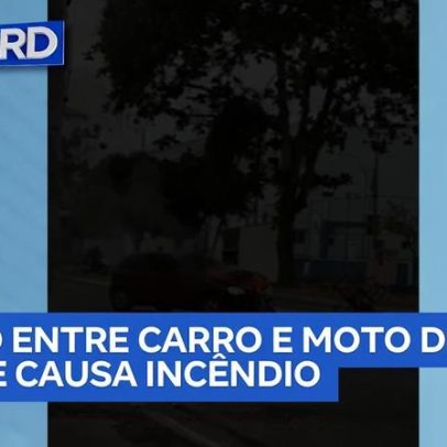 Colisão entre carro e moto deixa ferido e incêndio no Parque Imperial
