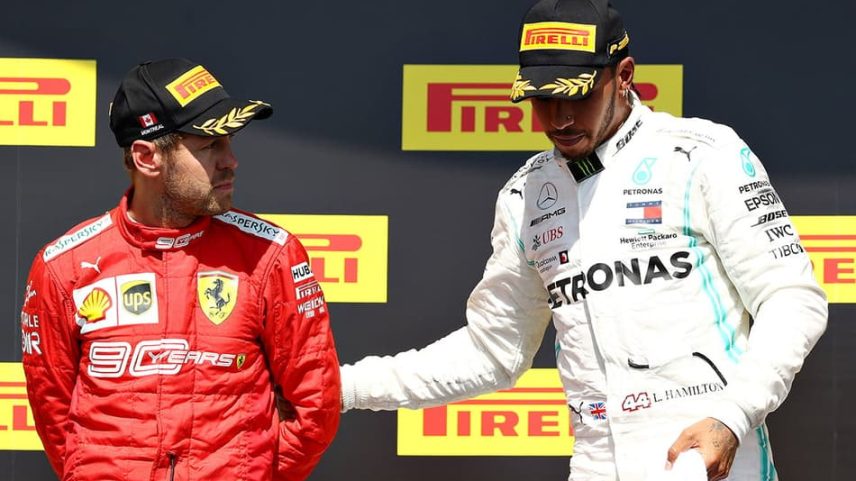 Sebastian Vettel e Lewis Hamilton em pódio no GP do Canadá da F1 2019 (Foto: AFP)