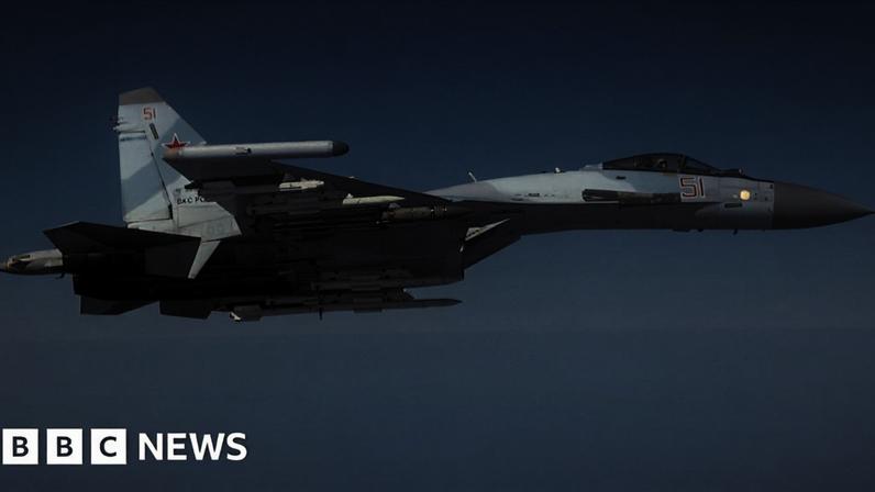A Russian SU-35 jet flies over the Black Sea where it intercepted a RAF Rivet Joint spy plane.