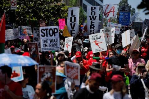 A May Day rally in Los Angeles, California, on Friday Photograph: Mike Blake/Reuters