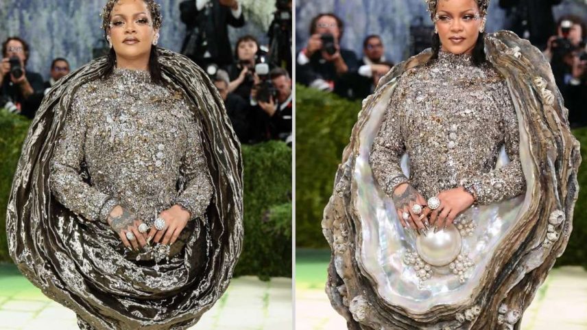 Rihanna no Met Gala 2026 (à esquerda) e criação por IA de Rick Dikc (à direita) -