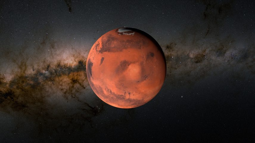 Marte, ilustração. Marte é o quarto planeta a partir do Sol. É um mundo rochoso e desértico. Orbita o Sol a uma distância média de cerca de 227 milhões de quilômetros. Seu diâmetro é aproximadamente metade do da Terra. A cor vermelha se deve aos óxidos de ferro presentes nas rochas.