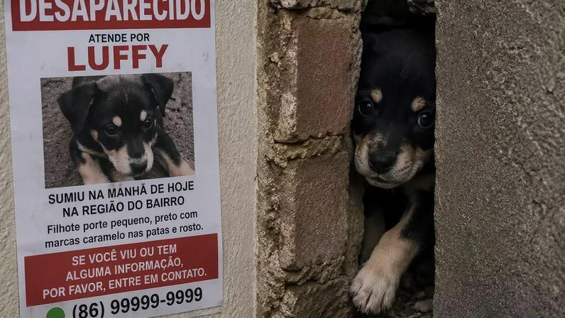 Imagem gerada por inteligência artificial do cãozinho Luffy desaparecido preso dentro da parede