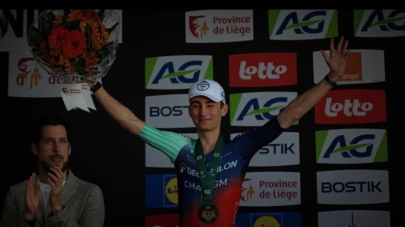 Paul Seixas on the podium after the men’s elite race of the Liege-Bastogne-Liege last month.