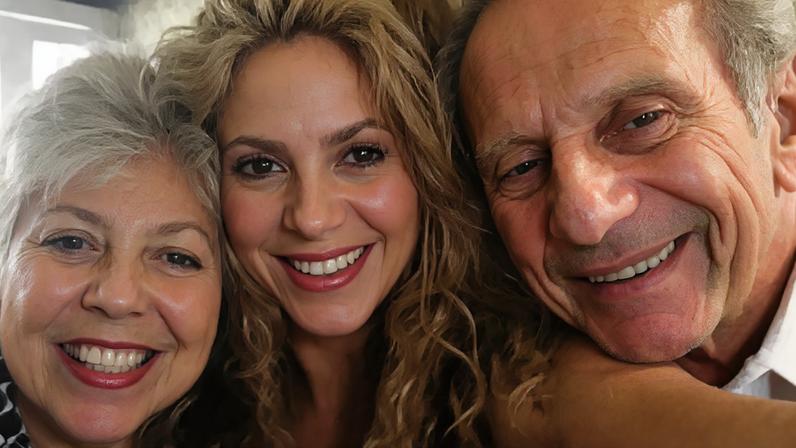 A cantora Shakira posa ao lado da mãe, Nidia, e do pai, William