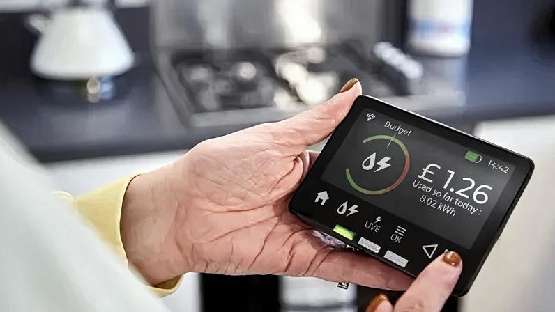 Getty Images A woman holds a smart meter device whilst standing in a kitchen.