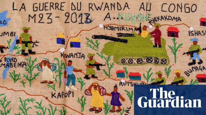 A tapestry by Lucie Kamusekera depicting the conflict in eastern Congo led by M23 rebels. She says there are some events she cannot make art about as she would fear for her life.