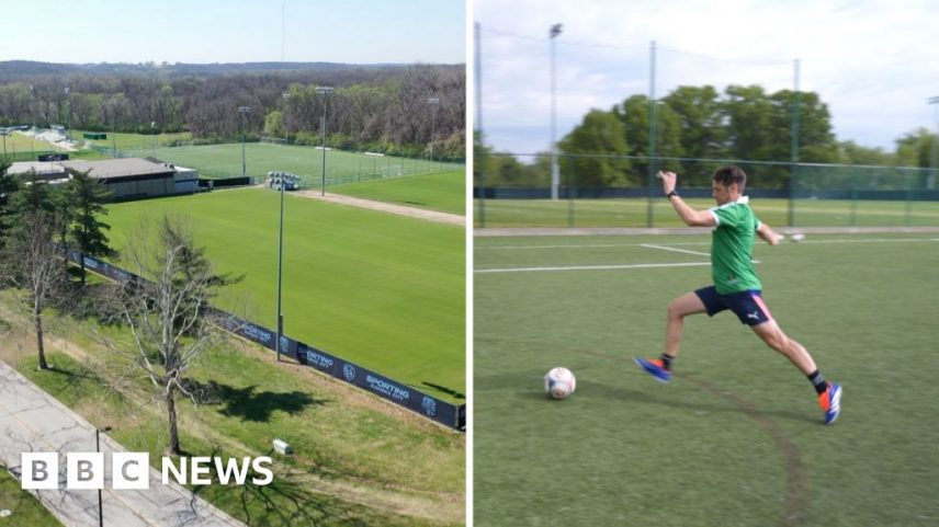 Split screen. On the left, we see Sporting Kansas City. On the right, we see Will Grant playing soccer.