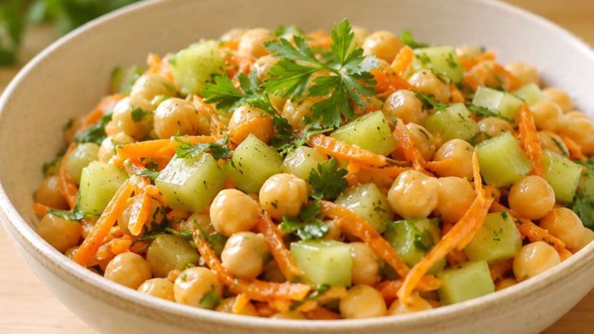 salada de grão-de-bico com chuchu e cenoura.