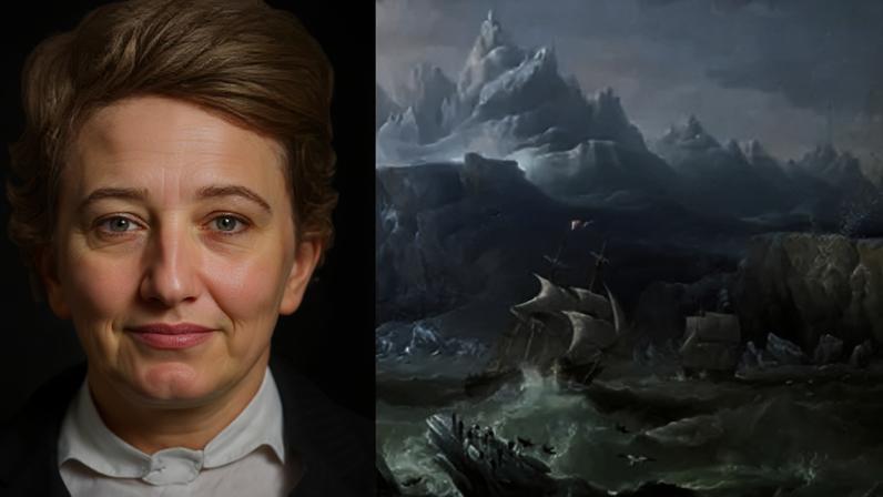 Left: A forensic facial reconstruction of David Young, cabin boy on HMS Erebus. Right: An artist's impression of HMS Erebus and HMS Terror on a previous Arctic mission