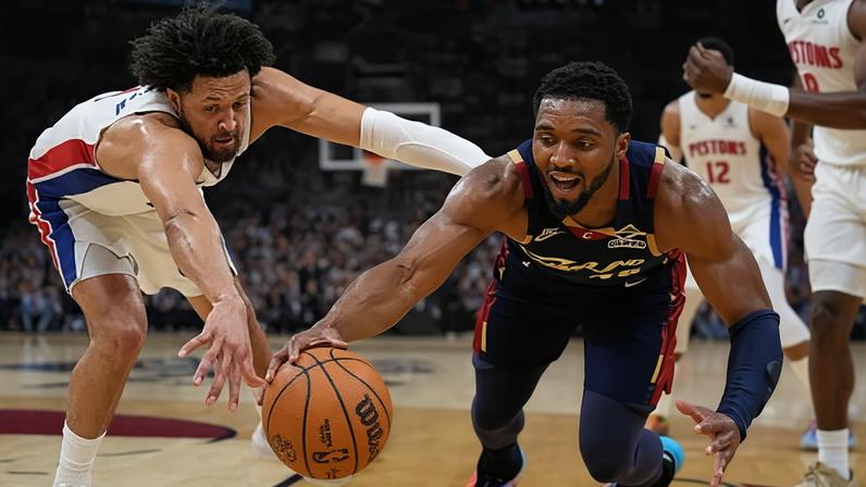 Cade Cunningham and Donovan Mitchell compete for the ball during the Eastern Conference semi-finals.