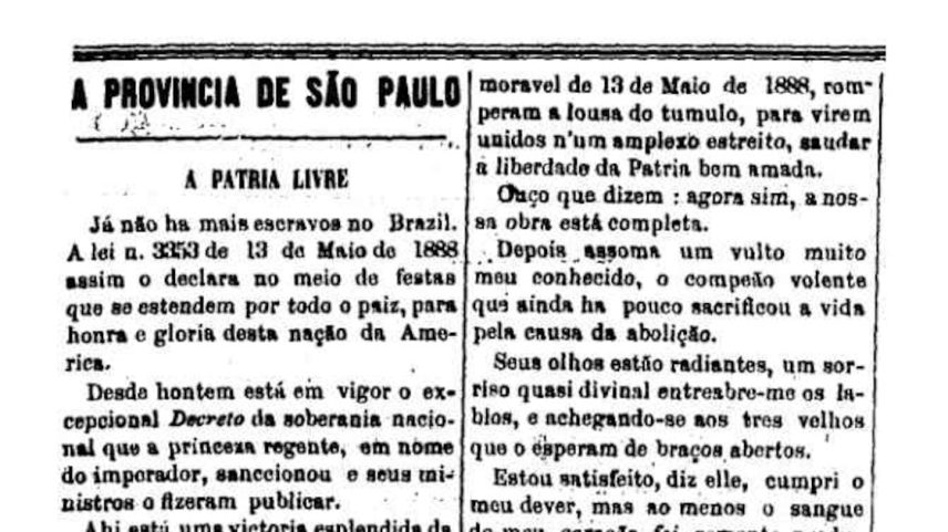 Trecho da notícia da abolição da escravidão na capa do jornal em 15 de maio de 1888.