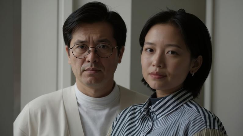 Yang Shuang-zi has short dark hair, wears thin, black rimmed glasses and wears a cream cardigan over a white t-shirt. Standing next to her, Lin King has slightly longer, shoulder length dark hair, and wears a blue and white striped shirt.