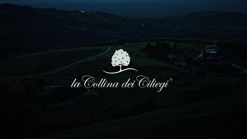 Broad view of hills and vines, with 'Collina dei Ciliegi' written over the top in white